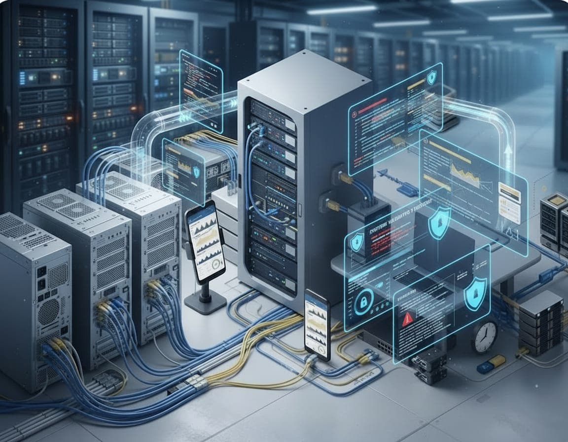 Illustration of a server rack surrounded by security shields and alert panels.